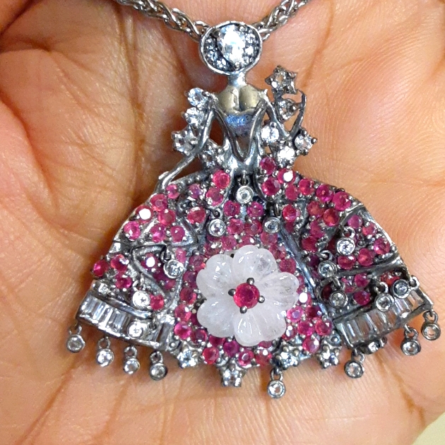 925 Genuine Rubies, White Topaz And Carved Morganite Flower.